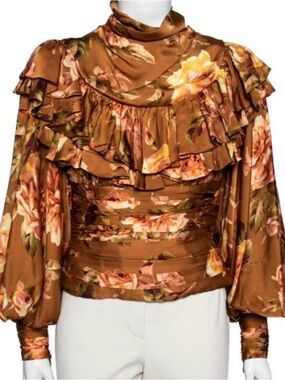 NWT Zimmermann Brown Floral Ruffle High-Neck Blouse size 1 Small